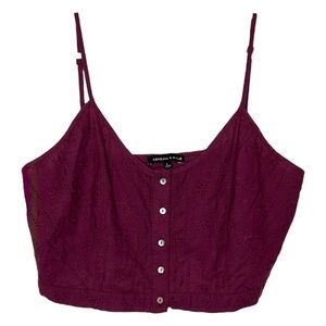 Kendall & Kylie Burgundy Crochet Embroidered Cropped Top